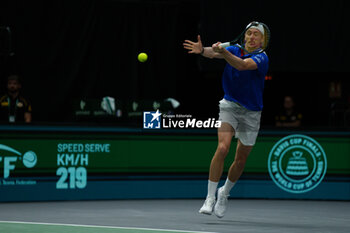 2024-09-10 - Ugo Humbert of France in action against Alexei Popyrin of Australia during the Davis Cup 2024, Group B, tennis match played between France and Australia at Fuente de San Luis on September 10, 2024, in Valencia, Spain. Photo Alvaro Diaz / SpainDPPI / DPPI - TENNIS - DAVIS CUP - FRANCE V AUSTRALIA - INTERNATIONALS - TENNIS