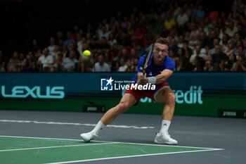 2024-09-11 - Jiri Lehecka of Czech Republic in action against Roberto Bautista Agut of Spain during the Davis Cup 2024, Group B, tennis match played between Czech Republic and Spain at Fuente de San Luis on September 11, 2024, in Valencia, Spain. - CZECH REPUBLIC V SPAIN - DAVIS CUP 2024 GROUP B - INTERNATIONALS - TENNIS