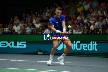 2024-09-11 - Jiri Lehecka of Czech Republic in action against Roberto Bautista Agut of Spain during the Davis Cup 2024, Group B, tennis match played between Czech Republic and Spain at Fuente de San Luis on September 11, 2024, in Valencia, Spain. - CZECH REPUBLIC V SPAIN - DAVIS CUP 2024 GROUP B - INTERNATIONALS - TENNIS