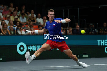 2024-09-11 - Jiri Lehecka of Czech Republic in action against Roberto Bautista Agut of Spain during the Davis Cup 2024, Group B, tennis match played between Czech Republic and Spain at Fuente de San Luis on September 11, 2024, in Valencia, Spain. - CZECH REPUBLIC V SPAIN - DAVIS CUP 2024 GROUP B - INTERNATIONALS - TENNIS