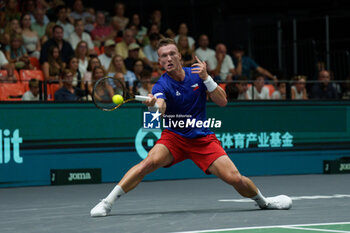 2024-09-11 - Jiri Lehecka of Czech Republic in action against Roberto Bautista Agut of Spain during the Davis Cup 2024, Group B, tennis match played between Czech Republic and Spain at Fuente de San Luis on September 11, 2024, in Valencia, Spain. - CZECH REPUBLIC V SPAIN - DAVIS CUP 2024 GROUP B - INTERNATIONALS - TENNIS