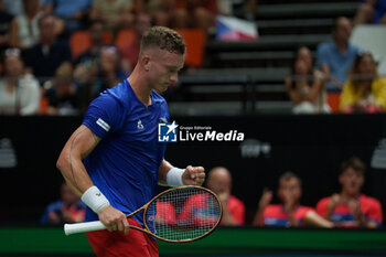 2024-09-11 - Jiri Lehecka of Czech Republic in action against Roberto Bautista Agut of Spain during the Davis Cup 2024, Group B, tennis match played between Czech Republic and Spain at Fuente de San Luis on September 11, 2024, in Valencia, Spain. - CZECH REPUBLIC V SPAIN - DAVIS CUP 2024 GROUP B - INTERNATIONALS - TENNIS