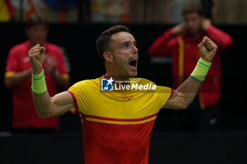 2024-09-11 - Roberto Bautista Agut of Spain reacts after winning against Jiri Lehecka of Czech Republic during the Davis Cup 2024, Group B, tennis match played between Czech Republic and Spain at Fuente de San Luis on September 11, 2024, in Valencia, Spain. - CZECH REPUBLIC V SPAIN - DAVIS CUP 2024 GROUP B - INTERNATIONALS - TENNIS