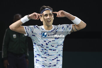 2024-10-28 - Alejandro Tabilo of Chile celebrates his first round victory during day 1 of the Rolex Paris Masters 2024, an ATP Masters 1000 tennis tournament on 28 October 2024 at Accor Arena in Paris, France - TENNIS - ROLEX PARIS MASTERS 2024 - INTERNATIONALS - TENNIS