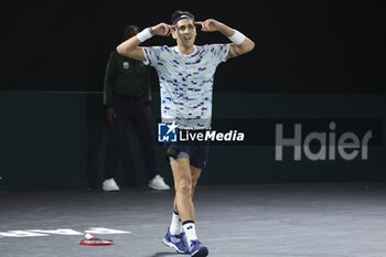 2024-10-28 - Alejandro Tabilo of Chile celebrates his first round victory during day 1 of the Rolex Paris Masters 2024, an ATP Masters 1000 tennis tournament on 28 October 2024 at Accor Arena in Paris, France - TENNIS - ROLEX PARIS MASTERS 2024 - INTERNATIONALS - TENNIS