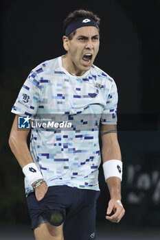 2024-10-28 - Alejandro Tabilo of Chile celebrates his first round victory during day 1 of the Rolex Paris Masters 2024, an ATP Masters 1000 tennis tournament on 28 October 2024 at Accor Arena in Paris, France - TENNIS - ROLEX PARIS MASTERS 2024 - INTERNATIONALS - TENNIS