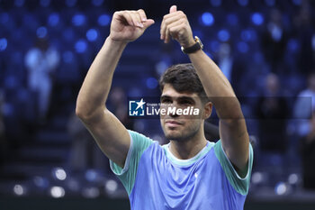 2024-10-29 - Carlos Alcaraz of Spain celebrates his first round victory during day 2 of the Rolex Paris Masters 2024, an ATP Masters 1000 tennis tournament on 29 October 2024 at Accor Arena in Paris, France - TENNIS - ROLEX PARIS MASTERS 2024 - INTERNATIONALS - TENNIS