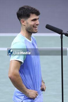 2024-10-29 - Carlos Alcaraz of Spain celebrates his first round victory during day 2 of the Rolex Paris Masters 2024, an ATP Masters 1000 tennis tournament on 29 October 2024 at Accor Arena in Paris, France - TENNIS - ROLEX PARIS MASTERS 2024 - INTERNATIONALS - TENNIS