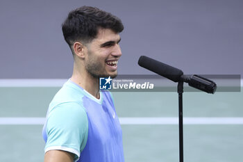 2024-10-29 - Carlos Alcaraz of Spain celebrates his first round victory during day 2 of the Rolex Paris Masters 2024, an ATP Masters 1000 tennis tournament on 29 October 2024 at Accor Arena in Paris, France - TENNIS - ROLEX PARIS MASTERS 2024 - INTERNATIONALS - TENNIS