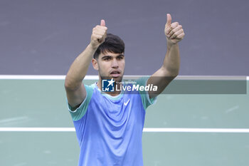 2024-10-29 - Carlos Alcaraz of Spain celebrates his first round victory during day 2 of the Rolex Paris Masters 2024, an ATP Masters 1000 tennis tournament on 29 October 2024 at Accor Arena in Paris, France - TENNIS - ROLEX PARIS MASTERS 2024 - INTERNATIONALS - TENNIS