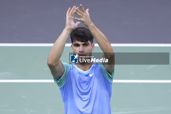 2024-10-29 - Carlos Alcaraz of Spain celebrates his first round victory during day 2 of the Rolex Paris Masters 2024, an ATP Masters 1000 tennis tournament on 29 October 2024 at Accor Arena in Paris, France - TENNIS - ROLEX PARIS MASTERS 2024 - INTERNATIONALS - TENNIS