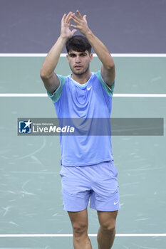 2024-10-29 - Carlos Alcaraz of Spain celebrates his first round victory during day 2 of the Rolex Paris Masters 2024, an ATP Masters 1000 tennis tournament on 29 October 2024 at Accor Arena in Paris, France - TENNIS - ROLEX PARIS MASTERS 2024 - INTERNATIONALS - TENNIS