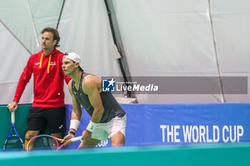 2024-11-17 - November 16, 2024 (Malaga) This was the second day of training for Rafa Nadal on the track in Malaga: all ready for his farewell to the Davis Cup. The tennis legend started preparations for the duel against the Netherlands under the watchful eye of David Ferrer and Carlos Moya. Cordon Press - DAVIS CUP - CARLOS ALCARAZ - TRAINING - INTERNATIONALS - TENNIS