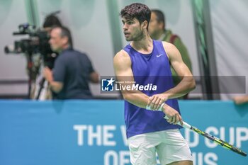 2024-11-17 - November 16, 2024 (Malaga) Carlos Alcaraz is already starting to prepare for the Davis Cup that will be played this week in Malaga. Today he has performed his first training at the Martin Carpena in Malaga Cordon Press - DAVIS CUP - CARLOS ALCARAZ - TRAINING - INTERNATIONALS - TENNIS