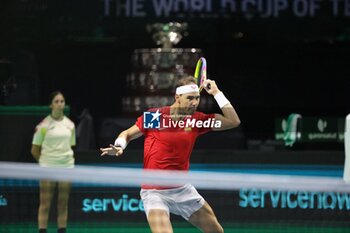 2024-11-19 - November 19, 2024, Malaga, Malaga, Spain: Rafael Nadal of Spain, returns with backhand in his match against Botic Van De Zandschulp of Netherlands during the 2024 DAVIS CUP FINALS Cordon Press Cordon Press - TEAM SPAIN VS TEAM NETHERLAND - INTERNATIONALS - TENNIS