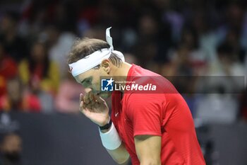 2024-11-19 - November 19, 2024, Malaga, Malaga, Spain: Rafael Nadal of Spain, returns with backhand in his match against Botic Van De Zandschulp of Netherlands during the 2024 DAVIS CUP FINALS Cordon Press Cordon Press - TEAM SPAIN VS TEAM NETHERLAND - INTERNATIONALS - TENNIS