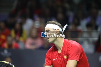 2024-11-19 - November 19, 2024, Malaga, Malaga, Spain: Rafael Nadal of Spain, returns with backhand in his match against Botic Van De Zandschulp of Netherlands during the 2024 DAVIS CUP FINALS Cordon Press Cordon Press - TEAM SPAIN VS TEAM NETHERLAND - INTERNATIONALS - TENNIS