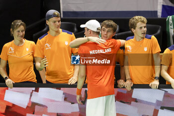 2024-11-19 - Botic Van De Zandschulp of Netherlands celebrates his victory over Rafael Nadal of Spain during the 2024 Davis Cup Finals quarter-final tennis tie between Netherlands and Spain at Palacio de Deportes Jose Maria Martin Carpena on 19 November 2024 in Malaga, Spain - TENNIS - DAVIS CUP 2024 - 1/4 - NETHERLANDS V SPAIN - INTERNATIONALS - TENNIS