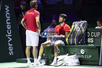 2024-11-19 - Carlos Alcaraz of Spain, left Davis Cup Captain David Ferrer during the 2024 Davis Cup Finals quarter-final tennis tie between Netherlands and Spain at Palacio de Deportes Jose Maria Martin Carpena on 19 November 2024 in Malaga, Spain - TENNIS - DAVIS CUP 2024 - 1/4 - NETHERLANDS V SPAIN - INTERNATIONALS - TENNIS