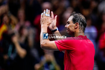 2024-11-19 - Rafael Nadal of Spain greets supporters after losing his last match against Botic van de Zandschulp of Netherlands during the Davis Cup 2024, quarter-final tennis event between Netherlands and Spain on 19 November 2024 in Malaga, Spain - TENNIS - DAVIS CUP 2024 - 1/4 - NETHERLANDS V SPAIN - INTERNATIONALS - TENNIS