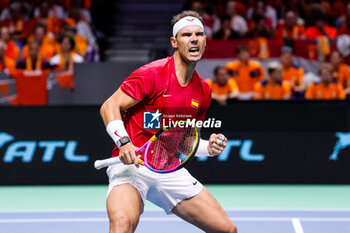 2024-11-19 - Rafael Nadal of Spain celebrates a point against Botic van de Zandschulp of Netherlands during the Davis Cup 2024, quarter-final tennis event between Netherlands and Spain on 19 November 2024 in Malaga, Spain - TENNIS - DAVIS CUP 2024 - 1/4 - NETHERLANDS V SPAIN - INTERNATIONALS - TENNIS