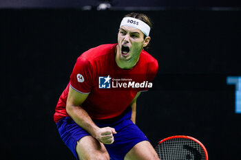 2024-11-21 - Taylor Fritz of USA celebrates after winning against Alex de Minaur of Australia during the Davis Cup 2024, quarter-final tennis event between United States and Australia on 21 November 2024 in Malaga, Spain - TENNIS - DAVIS CUP 2024 - 1/4 - USA V AUSTRALIA - INTERNATIONALS - TENNIS