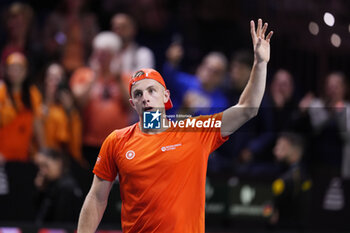 2024-11-22 - Tallon Griekspoor of Netherlands celebrates after winning against Jan-Lennard Struff of Germany during the Davis Cup 2024, Semi-Finals tennis event between Germany and Netherlands on November 22, 2024 at Martin Carpena Pavilion in Malaga, Spain - TENNIS - DAVIS CUP 2024 - 1/2 - GERMANY V NETHERLANDS - INTERNATIONALS - TENNIS