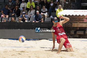 2024-07-07 - Gstaad Switzerland, 07/07/2024: Christian Sandlie Sorum (NOR) in action during final for third place of Swatch Beach Pro Gstaad 2024, Roy Emerson Arena in Gstaad. - SWATCH BEACH VOLLEY - BEACH VOLLEY - VOLLEYBALL