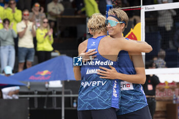 2024-07-07 - Gstaad Switzerland, 07/07/2024: David Ahman (SWE) and Jonatan Hellvig (SWE) celebrate victory during men final of Swatch Beach Pro Gstaad 2024, Roy Emerson Arena in Gstaad. - SWATCH BEACH VOLLEY - BEACH VOLLEY - VOLLEYBALL