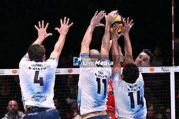 2024-01-28 - Spike of Sebastian Sole ( Sir Susa Vim Perugia ) with block of Gianluca Galassi, Loeppky Eric, Gil Kreling Fernando ( Mint Vero Volley Monza ) - SIR SUSA VIM PERUGIA VS MINT VERO VOLLEY MONZA - ITALIAN CUP - VOLLEYBALL