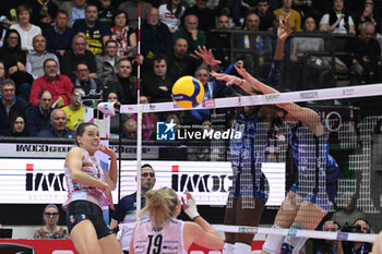 2024-02-04 - Attack of Robinson Cook kelsey ( Prosecco Doc Imoco Conegliano ) with block of Paola Egonu ( Allianz VV Milano ) - PROSECCO DOC IMOCO CONEGLIANO VS ALLIANZ VV MILANO - SERIE A1 WOMEN - VOLLEYBALL