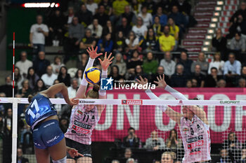 2024-02-04 - Attack of Myriam Sylla ( Allianz VCV Milano ) and block of Isabelle Haak ( Prosecco Doc Imoco Conegliano ) - PROSECCO DOC IMOCO CONEGLIANO VS ALLIANZ VV MILANO - SERIE A1 WOMEN - VOLLEYBALL