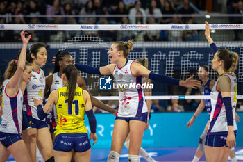 2024-04-10 - Happiness of Players of Savino Del Bene Scandicci during the Playoff Semifinal game2 Serie A1 Women's Volleyball Championship between Allianz Vero Volley Milano vs Savino Del Bene Scandicci at Allianz Cloud, Milano, Italy on April 10, 2024 - PLAYOFF - ALLIANZ VERO VOLLEY MILANO VS SAVINO DEL BENE SCANDICCI - SERIE A1 WOMEN - VOLLEYBALL