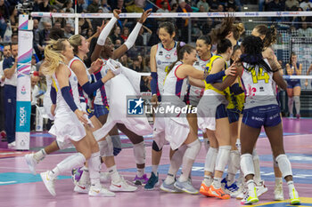 2024-04-10 - Exultation of Maja Ognjenovic (Savino Del Bene Scandicci) and teammates after scoring a match point during the Playoff Semifinal game2 Serie A1 Women's Volleyball Championship between Allianz Vero Volley Milano vs Savino Del Bene Scandicci at Allianz Cloud, Milano, Italy on April 10, 2024 - PLAYOFF - ALLIANZ VERO VOLLEY MILANO VS SAVINO DEL BENE SCANDICCI - SERIE A1 WOMEN - VOLLEYBALL
