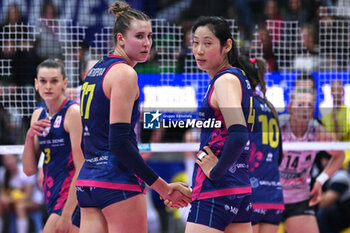17/04/2024 - Ekaterina Antropova and Zhu Ting ( Savino del Bene Scandicci ) duriung the the game Prosecco Doc Imoco Conegliano vs Savino Del Bene Scandicci in the Volleyball - Superleague Serie A - Final Playoff 2023/2024 1° Game at PalaVerde in Villorba Treviso, Italy on April 17, 2024. - PLAYOFF - FINAL - PROSECCO DOC IMOCO CONEGLIANO VS SAVINO DEL BENE SCANDICCI - SERIE A1 FEMMINILE - VOLLEY