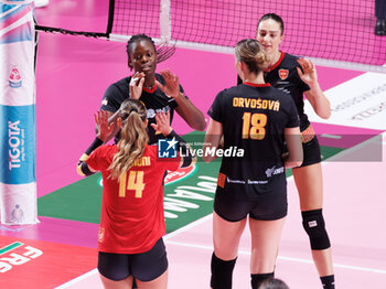 30/10/2024 - Giorgia Zannoni of Roma Volley Club, Gabriela Orvosova of Roma Volley Club, Michela Ciarrocchi of Roma Volley Club and Aana Enioola Adelusi of Roma Volley Club during the 5th round of the Serie A1 Women's Volleyball Championship between Roma Volley Club and Volley Bergamo on oct 30, 2024 at the Palazzetto dello Sport in Rome. - ROMA VOLLEY VS VOLLEY BERGAMO 1991 - SERIE A1 FEMMINILE - VOLLEY