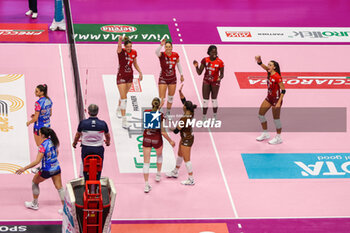 2024-11-17 - UYBA Eurotek Volley Busto Arsizio players celebrate during Volley Serie A women 2024/25 match between UYBA Eurotek Volley Busto Arsizio and Igor Gorgonzola Novara at E-Work Arena. Final score UYBA Eurotek Volley Busto Arsizio 3 | 0 Igor Gorgonzola Novara - UYBA VOLLEY BUSTO ARSIZIO VS IGOR GORGONZOLA NOVARA - SERIE A1 WOMEN - VOLLEYBALL