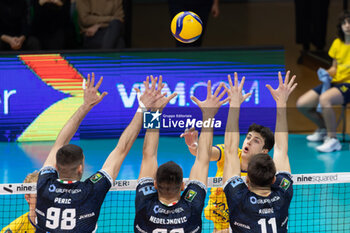 2024-02-11 - Attack of Tommaso Rinaldi during the Superleague match between Valsa Group Modena and Cisterna Volleyball at PalaPanini Modena on February 11, 2024 in Modena, Italy. - VALSA GROUP MODENA VS CISTERNA VOLLEY - SUPERLEAGUE SERIE A - VOLLEYBALL