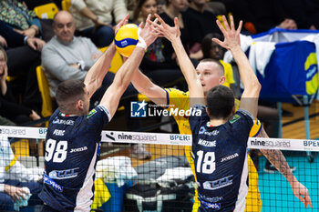 2024-02-11 - Attack of Vlad Davyskiba during the Superleague match between Valsa Group Modena and Cisterna Volleyball at PalaPanini Modena on February 11, 2024 in Modena, Italy. - VALSA GROUP MODENA VS CISTERNA VOLLEY - SUPERLEAGUE SERIE A - VOLLEYBALL