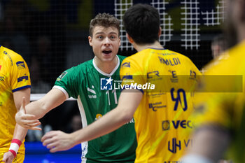 2024-02-11 - Riccardo Gollini of Valsa Group Modena celebrates the point during the Superleague match between Valsa Group Modena and Cisterna Volleyball at PalaPanini Modena on February 11, 2024 in Modena, Italy. - VALSA GROUP MODENA VS CISTERNA VOLLEY - SUPERLEAGUE SERIE A - VOLLEYBALL