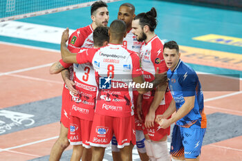 2024-02-14 - Gas Sales Bluenergy Piacenza celebrates after scores a point during the match between Rana Verona and Gas Sales Bluenergy Piacenza, regular season of the SuperLega Italian Volleyball Championship 2023/2024, at Pala AGSM-AIM in Verona, Italy on February 14, 2024. - RANA VERONA VS GAS SALES BLUENERGY PIACENZA - SUPERLEAGUE SERIE A - VOLLEYBALL