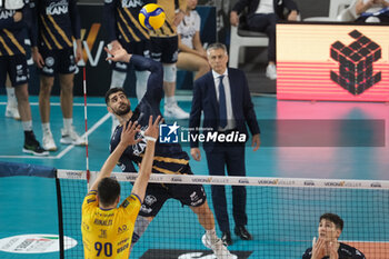 13/04/2024 - Attack of Amin Esmaeilnezhad of Rana Verona during the match between Rana Verona and Valsa Group Modena, qualifications pool of playoff Challenge Cup of Superlega Italian Volleball Championship 2023/2024 at Pala AGSM-AIM on April 13, 2024, Verona, Italy. - PLAYOFF 5° POSTO - RANA VERONA VS VALSA GROUP MODENA - SUPERLEGA SERIE A - VOLLEY