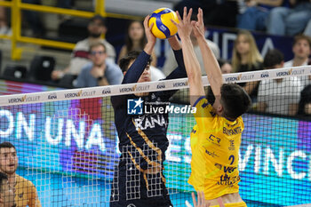 13/04/2024 - Francesco Sani of Rana Verona in action during the match between Rana Verona and Valsa Group Modena, qualifications pool of playoff Challenge Cup of Superlega Italian Volleball Championship 2023/2024 at Pala AGSM-AIM on April 13, 2024, Verona, Italy. - PLAYOFF 5° POSTO - RANA VERONA VS VALSA GROUP MODENA - SUPERLEGA SERIE A - VOLLEY