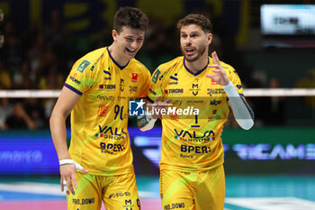 17/04/2024 - Tommaso Rinaldi of Modena Volley and Bruno De Rezende of Modena Volley celebrates the point during the Superleague match between Valsa Group Modena and Pallavolo Padova at PalaPanini Modena on April 17, 2024 in Modena, Italy. - PLAYOFF 5° POSTO - VALSA GROUP MODENA VS PALLAVOLO PADOVA - SUPERLEGA SERIE A - VOLLEY