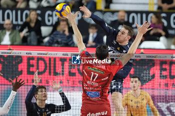 2024-04-27 - Attack of Lorenzo Cortesia of Rana Verona \during the match between Rana Verona and Cucine Lube Civitanova, final match of playoff Challenge Cup of Superlega Italian Volleball Championship 2023/2024 at Pala AGSM-AIM on April 27, 2024, Verona, Italy. - PLAYOFF 5 POSTO - FINALS - RANA VERONA VS CUCINE LUBE CIVITANOVA - SUPERLEAGUE SERIE A - VOLLEYBALL