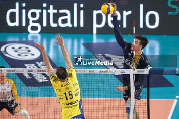 02/11/2024 - Attack of Francesco Sani of Rana Verona during the match between Rana Verona and Valsa Group Modena, regular season of the SuperLega Italian Volleyball Championship 2024/2025, at Pala AGSM-AIM in Verona, Italy on November 2, 2024. - RANA VERONA VS VALSA GROUP MODENA - SUPERLEGA SERIE A - VOLLEY