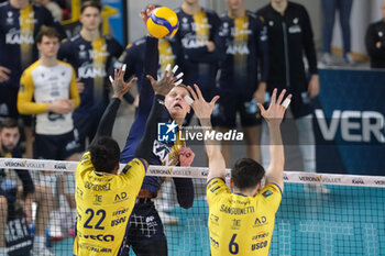 02/11/2024 - Attack of Donovan Dzavoronok of Rana Verona during the match between Rana Verona and Valsa Group Modena, regular season of the SuperLega Italian Volleyball Championship 2024/2025, at Pala AGSM-AIM in Verona, Italy on November 2, 2024. - RANA VERONA VS VALSA GROUP MODENA - SUPERLEGA SERIE A - VOLLEY