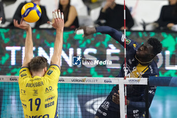 02/11/2024 - Attack of Noumory Keita of Rana Verona during the match between Rana Verona and Valsa Group Modena, regular season of the SuperLega Italian Volleyball Championship 2024/2025, at Pala AGSM-AIM in Verona, Italy on November 2, 2024. - RANA VERONA VS VALSA GROUP MODENA - SUPERLEGA SERIE A - VOLLEY