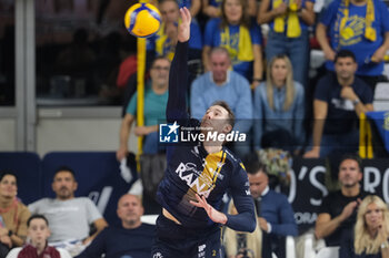 02/11/2024 - Lorenzo Cortesia of Rana Verona at serve during the match between Rana Verona and Valsa Group Modena, regular season of the SuperLega Italian Volleyball Championship 2024/2025, at Pala AGSM-AIM in Verona, Italy on November 2, 2024. - RANA VERONA VS VALSA GROUP MODENA - SUPERLEGA SERIE A - VOLLEY