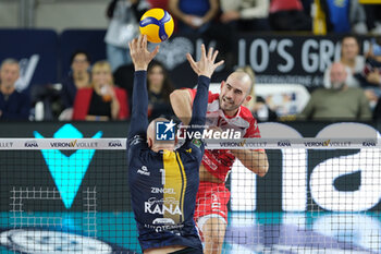 2024-11-24 - Attack of Gianluca Galassi of Gas Sales Bluenergy Piacenza Team during the match between Rana Verona and Gas Sales Bluenergy Piacenza, regular season of the SuperLega Italian Volleyball Championship 2024/2025, at Pala AGSM-AIM in Verona, Italy on November 24, 2024. - RANA VERONA VS GAS SALES BLUENERGY PIACENZA - SUPERLEAGUE SERIE A - VOLLEYBALL